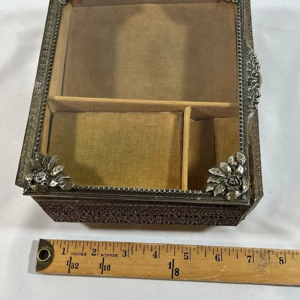 Vintage Filigree Metal Jewelry Casket w/ Glass Lid Music Box Hollywood Regency
